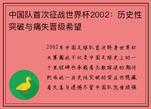 中国队首次征战世界杯2002：历史性突破与痛失晋级希望